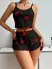 Conjunto de Duas Peças de Camisola com Costelas e Shorts Estampado de Coração Europeu e Americano Estilo Doce Puro Desejo Verão Roupa de Exterior Roupa de Casa