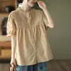Blusa plisada estilo retro dulce y artística para mujer, camisa elegante de algodón y lino con mangas cortas de encaje para verano