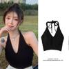 Top Corto de Punto para Mujer, Ropa Exterior de Verano Nueva, Chaleco Halter Interior Colgante de Base Negra, Estilo Spice Girls, Europeo y Americano