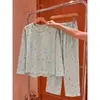 Conjunto de pijama de manga larga con estampado de estrellas color verde menta estilo coreano para mujer, nueva colección otoño 2026, pantalón largo, adecuado para usar en casa o como ropa exterior