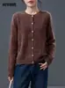 Cardigan abrigo de lana y cachemira color liso con cuello de borde enrollado, temperamento perezoso, nuevo estilo otoño e invierno, cárdigan de punto de cachemira con cuello redondo