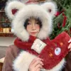 Bonito Sombrero de Oso para Mujer, Nuevo Estilo de Invierno, Felpa, Cortavientos, Engrosado, Cálido, Adelgazante de Rostro, Protector de Orejas, Gorro Bufanda