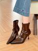 Botas curtas de salto alto e bico fino off-white para mulheres 2024 outono stiletto couro macio botas finas