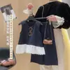 Conjunto de menina estilo coreano com bolinhas e detalhes em renda: colete sem mangas com acabamento em renda + calça pantalona, conjunto estiloso de duas peças para crianças