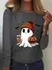 Nova T-shirt Estampada de Manga Longa com Desenho de Fantasma Cartoon para Halloween Feminina Gola Redonda Solta Casual Estilo Outono Inverno