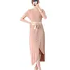 Vestido Bronceador de Gama Alta Verano para Mujer Diseño Largo Irregular Falda Plisada Dividida Vestido de Noche Francés