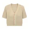 Fábrica de Jerseys Dalang Personalizado Estilo Suave para el Trabajo Cardigan de Punto con Cuello en V Verano Calado Bloque de Color Botonadura Top Corto