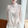 Verão Novo Feminino Lyocell Cetim Gola Qipao Manga Curta Camiseta Versátil Jacquard Moda Solta Top Tricô
