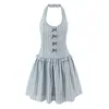 Novedad Otoño 2025 Vestido Chaleco Ajustado Sexy Rayado con Espalda Descubierta y Lazo, Cuello Halter, Falda Corta Ceñida a la Cintura