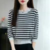 26 Novas Cores de Primavera e Verão Color-Blocking Algodão Puro Listrado Moda Jovem Tricô Manga Longa Gola Redonda Suéter Top Feminino