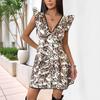 Bai Fen Zhi Yi2025 Nuevo Vestido Casual de Fiesta Transfronterizo Europeo y Americano con Encaje, Mangas Volantes, Cuello en V y Estampado de Leopardo