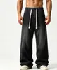 Jeans retro americanos desgastados de cintura elástica con cordón, pierna ancha para hombre, pantalones rectos de longitud completa con diseño dividido de alta costura