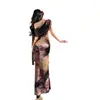 Vestido de Malla con Estampado, de un Hombro, Cuello Drapeado, Estilo Francés para Mujer, Qipao de Verano, Bodycon Largo Sexy Ajustado Cola de Pez