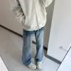 Estilo Vibe de la Calle Principal Americana Diseño de Nicho Agrietado Rayo Jeans Azul Claro Lavado Pantalones Largos Ligeramente Acampanados para Hombre