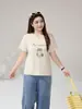 Top redondo estampado en bloque de color holgado estilo coreano para mujer talla grande, camiseta de manga corta adelgazante 66162