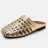 7006-9 Diadema Tejida Hueca Medias Zapatillas de Verano para Mujer Estilo Nuevo Zapatos Individuales Moda Slip-on Versátiles Zapatillas de Fondo Plano