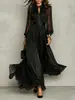 Moda europea y americana para mujer 2026, estilo popular transfronterizo, color liso, moderno, de malla, de encaje, con mangas abullonadas, vestido largo