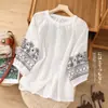Camisa holgada de algodón y lino para mujer, estilo retro artístico con bordados intensos, mangas farol, corte entallado, combinable con todo, primavera y verano 2024