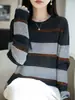 Suéter de punto de lana fina de estilo francés, corte relajado, con rayas anchas en contraste para mujer. Top de cuello redondo, corte holgado, versátil para primavera y otoño