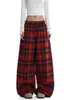 Directo del fabricante: Pantalones casuales de cuadros con bloques de color de diseño retro americano con cordón, pantalones de pierna ancha versátiles de largo hasta el suelo para hombres y mujeres