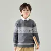 Suéter Infantil de Lã Pura 100% Espesso Fair Isle Gola Redonda Estilo Étnico Retrô Padrão Geométrico Bloqueio de Temperatura Amigo da Pele