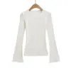 Suéter de Cuello Redondo con Mangas de Campana de Manga Larga para Mujer Otoño Nueva Moda Camisa para Capas Internas Elástica Ajustada Top Corto