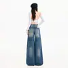 Jeans femininos de perna larga, fluidos, com lavagem em denim, estilo americano com lavagem desgastada, calças compridas azuis, comprimento estendido azul, algodão de primavera, 2026