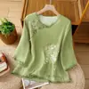 Camisa de Verão com Gola Assimétrica em Estilo Chinês Tradicional, Blusa de Linho Aprimorada com Design Inspirado no Zen, Bordado de Algodão Retrô, Camisa de Manga Três Quartos para Mulheres