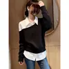 Camisa Falsa de Duas Peças com Mangas Longas, Top Base Slimming de Gola Polo Feminino para Outono e Inverno Plus Size