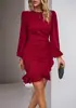 Moda Feminina Europeia e Americana Transfronteiriça Nova Primavera/Verão 2026 Amazon Vestido Bodycon de Cor Sólida com Manga Bufante