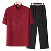 Traje Tang para Hombre de Mediana Edad y Ancianos, Conjunto de Seda Helada de Manga Corta, Atuendo de Verano para Papá, Cuello Mao, Abotonado, Conjunto de Dos Piezas Hanfu para Abuelo