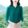 Foto Real de Tops de Manga Tres Cuartos Estilo Nuevo Primavera y Verano 2025, Camisas Elegantes y Juveniles de Cuello Redondo, Camisas de Talla Grande para Mujer