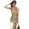 Vestido de Malla con Estampado Retro de Cuello Halter Vestido de Vacaciones de Verano para Playa Vestido Largo Elegante sin Mangas Estilo Nuevo de Verano para Mujer