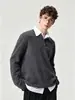 Suéter Henley de peso pesado estilo japonés para hombre, color liso, cierre de media botón, corte holgado, tejido de canalé, adecuado para el trabajo o como capa interior.