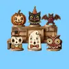 Produtos de madeira, decorações populares de Halloween para exportação, artesanato em madeira, figuras de madeira peculiares com combinação de fantasma, abóbora e gato preto