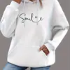 Moletom com Capuz e Bolso Canguru Estampa de Sorriso, Moletom Casual de Manga Longa com Cordão, Damasco Feminino