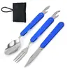 Mesa de Camping Plegable de Tres Piezas con Mango de Aluminio, Vajilla de Acero Inoxidable, Cuchillo, Tenedor y Cuchara Portátiles, Bolsa Oxford