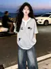 Camiseta de Manga Corta Falsa de Dos Piezas con Estampado de Gato Lindo Estilo Americano para Mujer, Algodón Puro, Verano, Gris Claro, Top Estilo Universitario para Pareja