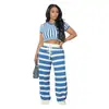 TD2796 Conjunto de dos piezas para mujer transfronterizo europeo y americano: camiseta de rayas de cuello redondo, top corto, pantalones de pierna ancha de cintura alta