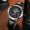 Reloj de Cuarzo para Hombre con Fase Lunar, Esfera de la Tierra Números Romanos Calendario 3 Ojos Correa de Cuero Negro Reloj de Pulsera de Negocios