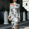 Transfronterizo Nuevo Estampado Digital Casual Personalidad Moda Temperamento Vestido de Manga Larga Hombros Descubiertos Falda Primavera y Otoño Mujer
