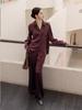 Design Sense Camisa de acetato com costura de renda roxa e decote em V, calça de perna larga, conjunto feminino solto e elegante de manga comprida