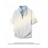 Camisa Polo Manga Curta Falsa Duas Peças Estilo Americano para Homens, Camiseta de Verão com Blocos de Cor e Gola Contrastante, Camisa Meia-Manga Estilo College para Casais