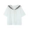 Runqi Plus Size N8623 Blusa Listrada de Cores Contrastantes com Gola de Marinheiro Manga Curta Atacado Blusa Feminina Manga Curta