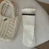 Calcetines apilados color marrón Maillard para otoño e invierno para mujer, estilo japonés con bordes festoneados, estampado floral, lazo, calcetines de media pantorrilla para combinar con zapatos Birkenstock