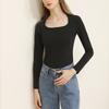 Camiseta de Invierno y Otoño para Mujer de Tela Canvas, Cuello Cuadrado Retro, Corte Ajustado, Camiseta de Manga Larga para Mujer, Adecuada para Usar Tanto por Dentro como por Fuera