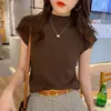 Camiseta feminina de manga curta em seda gelo fina de primavera, top estilo ocidental, nova moda, temperamento justo, suéter de meia manga