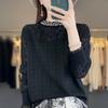 Suéter de mujer de lana peinada fina, cuello alto, crochet hueco, manga larga, nuevo top de encaje con cuentas 2024