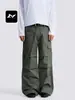 Pantalones Cargo Rectos Estilo Retro Americano Fengmei para Hombres y Mujeres Sueltos Estilo Urbano Cordón Múltiples Bolsillos Plisados Casuales Pierna Ancha