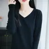 Suéter de malha V-neck de algodão puro estilo minimalista para mulheres, top suéter fino de cor sólida, camisa base versátil 100% algodão